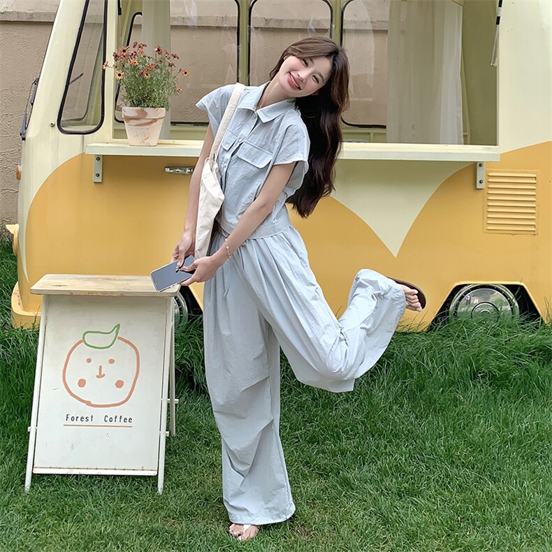 可盐可甜休闲套装女2025夏季新款韩系无袖衬衫阔腿裤小个子两件套,女装套装/套裙,2C088