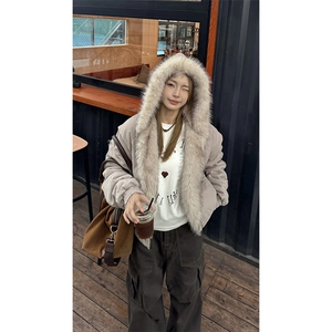 现货高品质美式高街冬季重磅硬挺短款座山雕毛领棉衣男女加厚外套图片