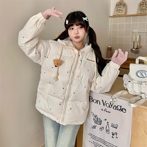 文文不乖原创可爱波点立领棉服设计感小熊宽松冬季棉衣女面包服图片
