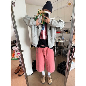 美式复古贴布印花设计连帽卫衣男女宽松开衫帽衫外套图片
