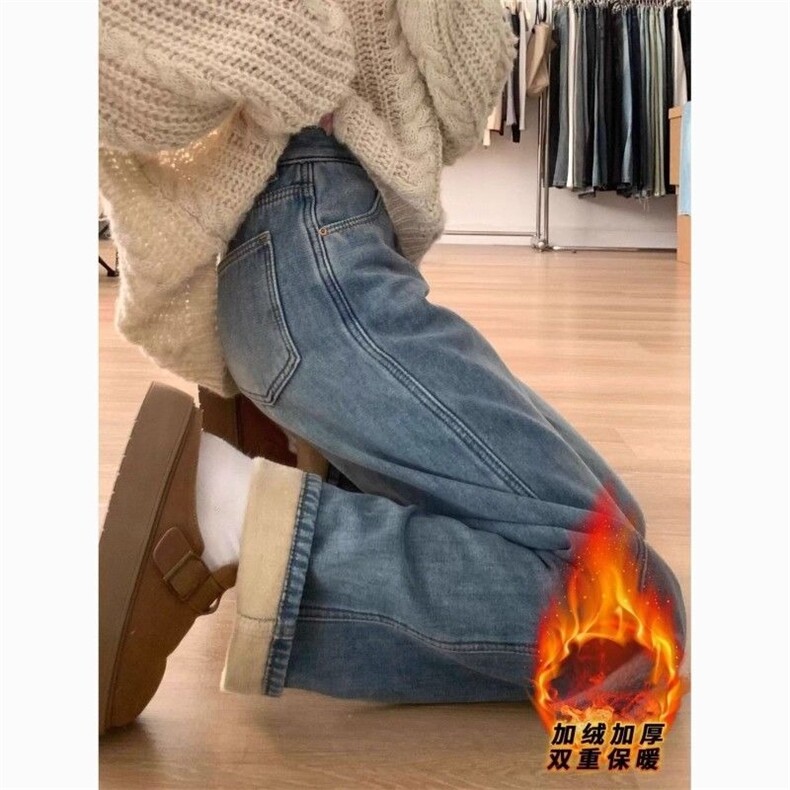 复古蓝加绒加厚宽松直筒牛仔裤女秋冬新款高腰显瘦百搭窄版阔腿裤图片