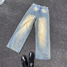 做旧水洗阔腿牛仔裤女春秋宽松设计感高腰直筒垂感长裤，男装牛仔裤，星座716-3