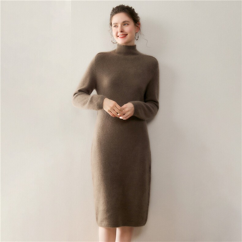 2025年秋季7针半高领长款连衣裙时尚百搭通勤，女装连衣裙，溪贝羊绒