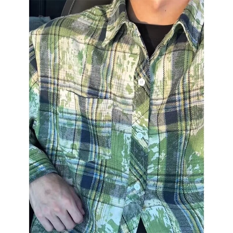 秋季长袖扎染格子衬衫男设计感宽松情侣潮流衬衣外套LY188-p47，男装衬衫，星座1008