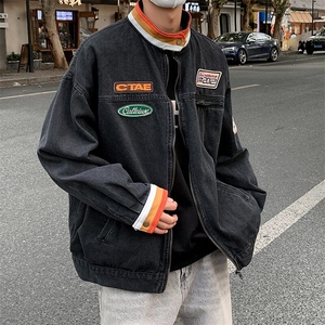 机车牛仔外套男士秋冬季新款青少年撞色立领宽松拉链夹克 JK5529图片