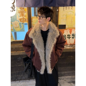 现货重磅硬挺boxy羽绒棉衣座山雕大毛毛领洗水麂皮棉服冬外套图片