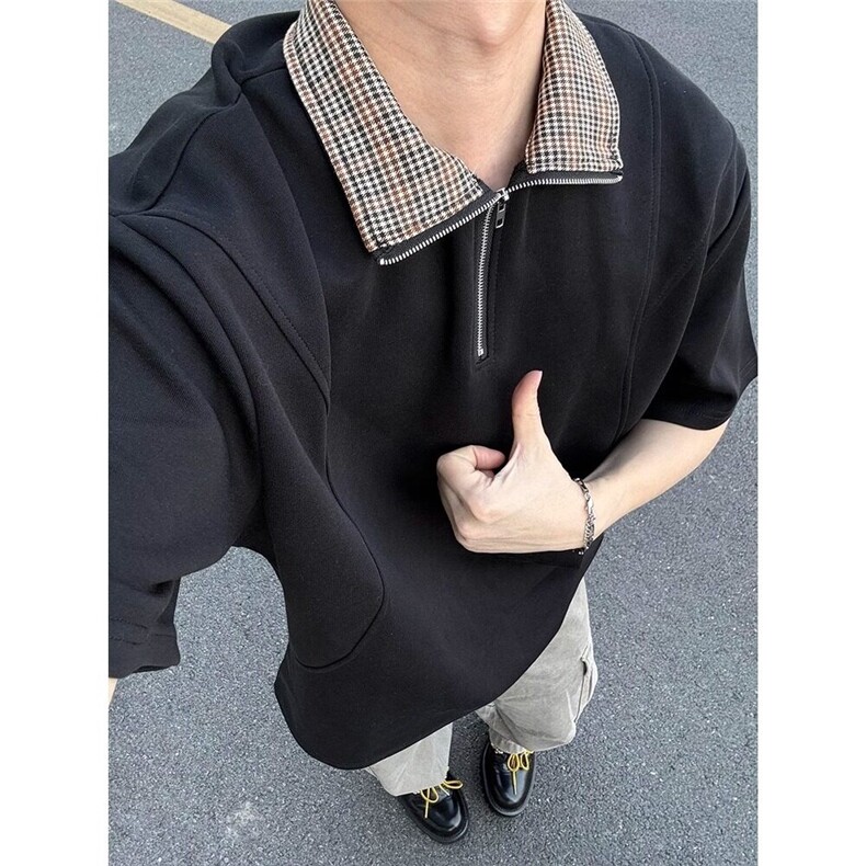 【有货】DT2506-P40千鸟格拼接短袖polo衫男夏季老钱风重磅半袖t,男装Polo衫,星座603-2
