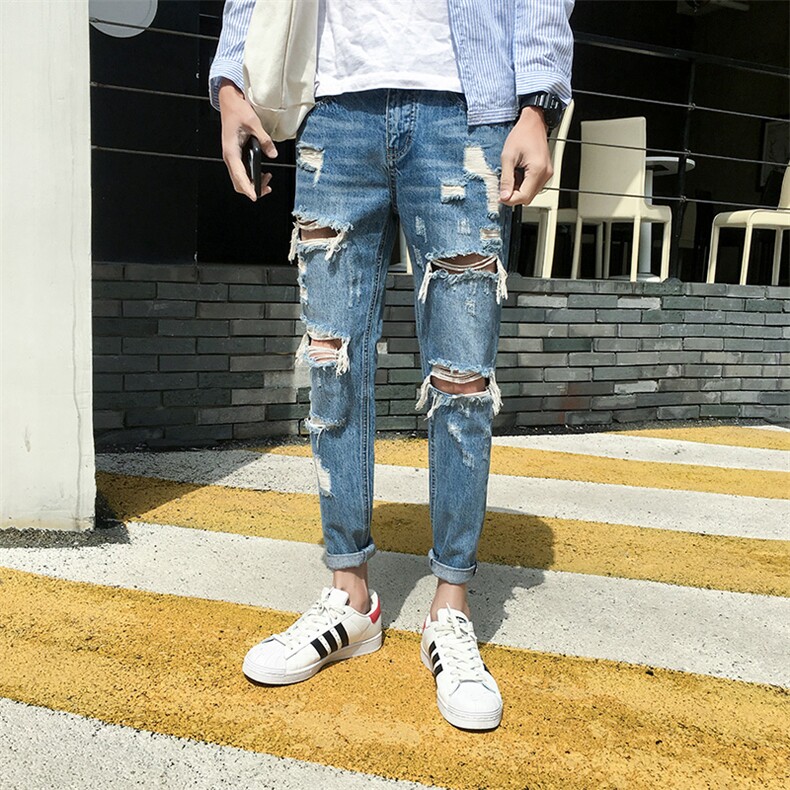 港风秋款男牛仔裤破洞潮男情侣女裤九分小脚牛仔裤n,男装牛仔裤,星座1013-1