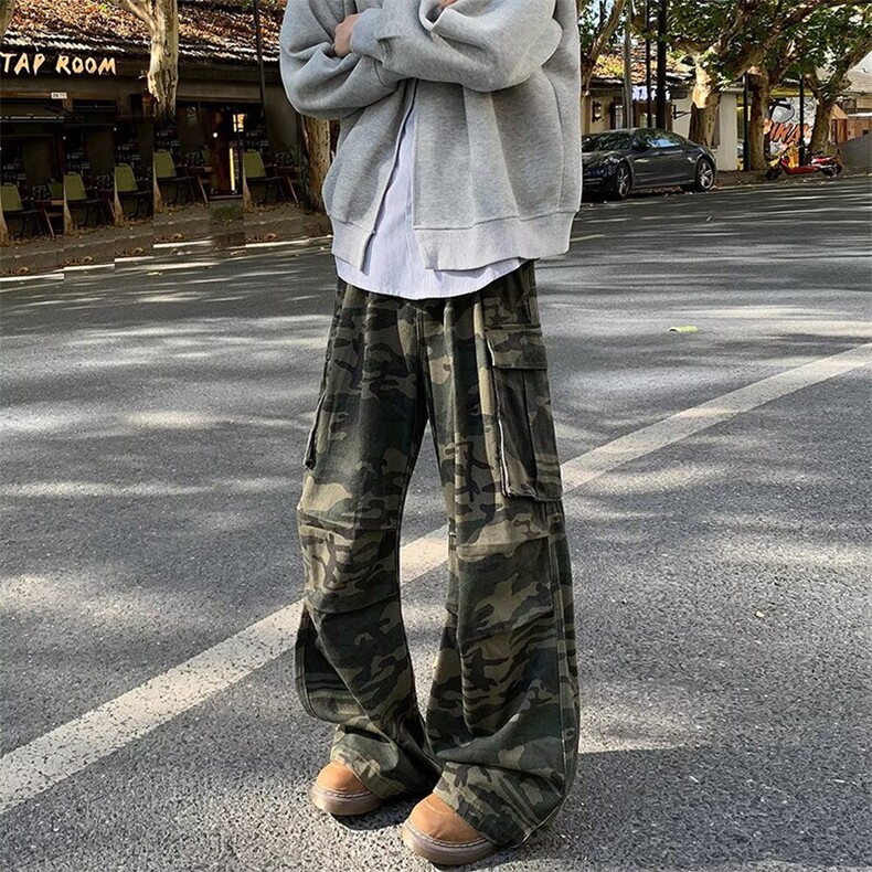 A2007TP55控88-迷彩工装牛仔裤男2026春季新款多口袋宽松阔腿裤子图片