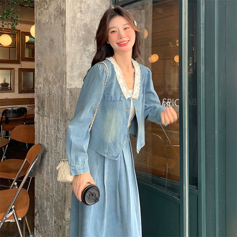 法式蕾丝花边拼接牛仔套装裙女2025春季新款气质温柔风百搭两件套,女装套装/套裙,浙宝305