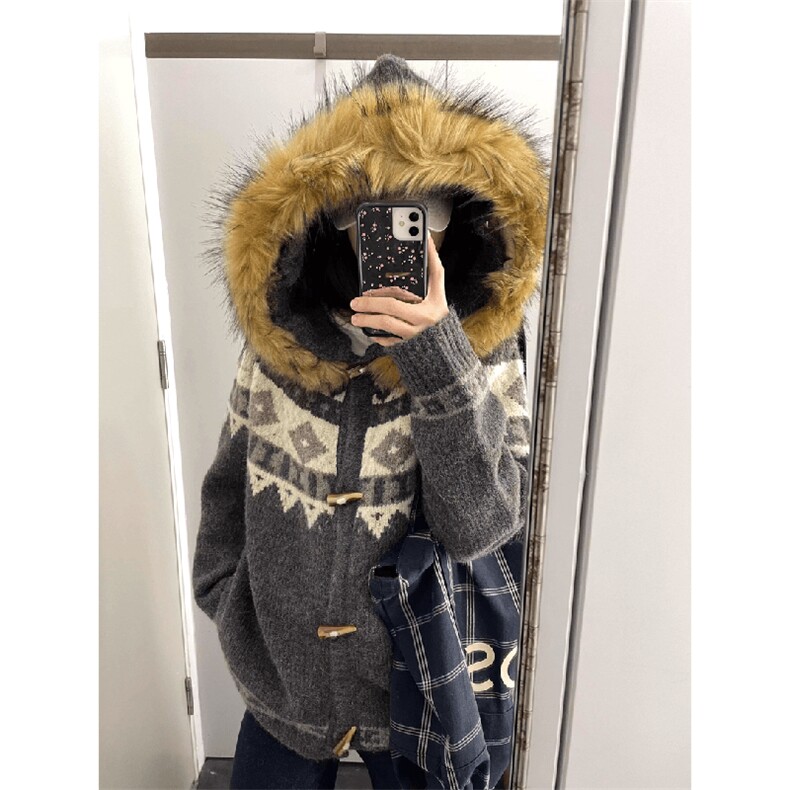 重磅北极绒座山雕大毛毛领毛衣外套冬美式复古休闲慵懒风针织开衫,男装针织衫/毛衣,电商A486-1