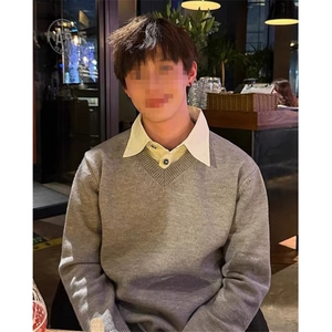 老钱风灰色假两件衬衫领针织衫男秋冬休闲V领毛衣内搭 M8819图片
