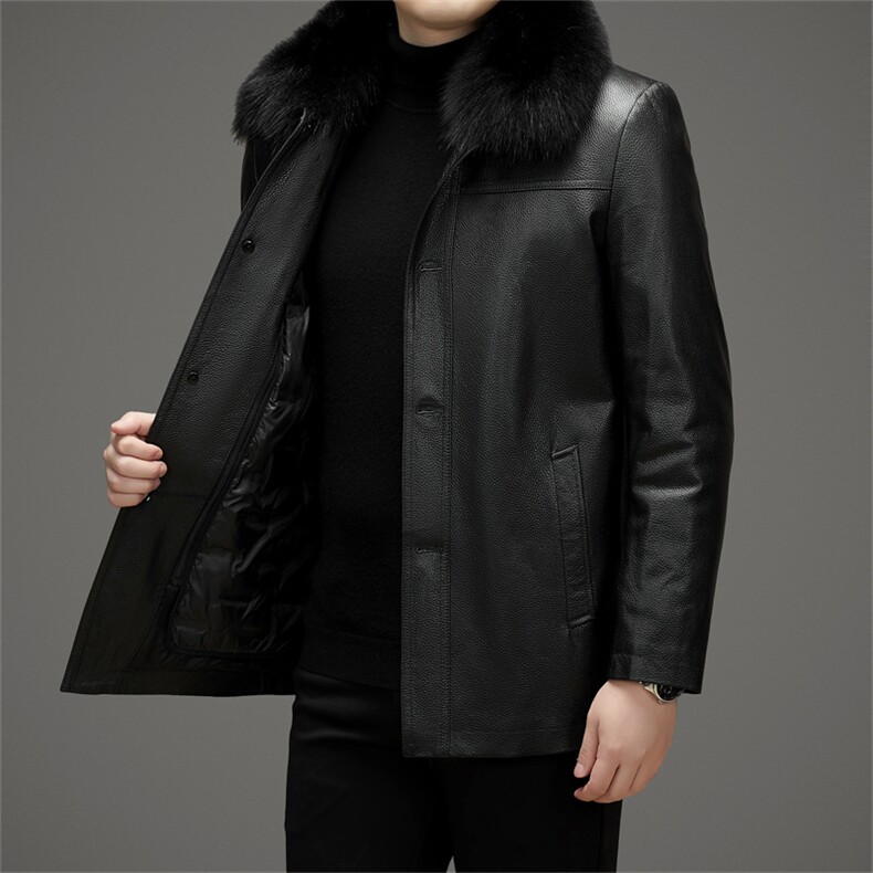 MJ2325冬季狐狸毛领真皮羽绒服男牛皮外套休闲男装爸爸装,男装皮衣,电商B360