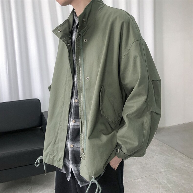 现货水洗棉立领夹克韩版宽松工装休闲外套港风抽绳A114-P90,男装夹克,电商A351