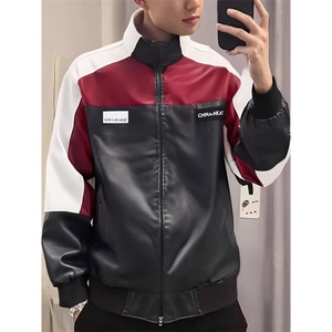 JK8574-P68 美式pu皮衣飞行员夹克男款情侣拼接撞色痞帅高级感图片