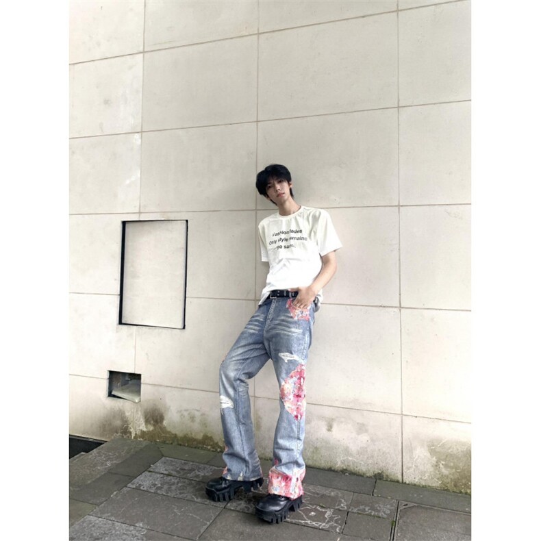【网图】蕾丝拼接微喇牛仔裤直筒美式高街hiphop裤子NZK14LL-P65,男装牛仔裤,星座1007（原301D）