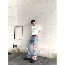 【网图】蕾丝拼接微喇牛仔裤直筒美式高街hiphop裤子NZK14LL-P65，男装牛仔裤，星座1007（原301D）