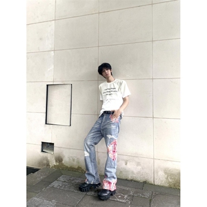 【网图】蕾丝拼接微喇牛仔裤直筒美式高街hiphop裤子NZK14LL-P65