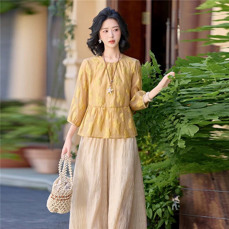 夏新款圆领绣花宽松小衫裙裤优雅气质套装女,女装套装/套裙,水衣源
