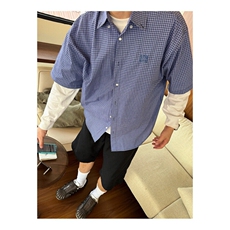 蓝色格子衬衫短袖男古着vintage高级感潮牌宽松格纹衬衣外套CCS43，男装衬衫，星座1116A（原606A-3）