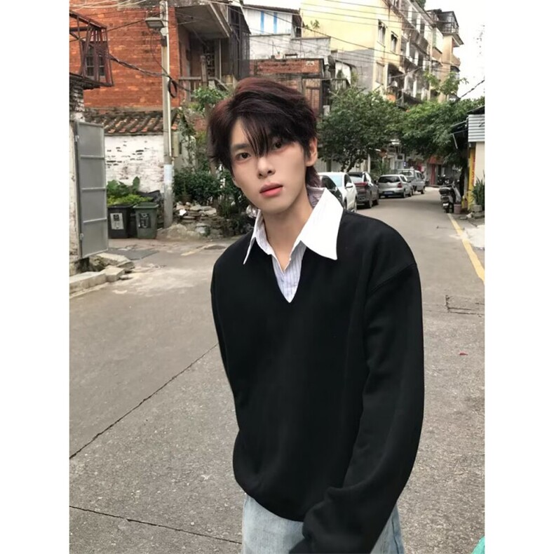 布老哥Blog春季美式假两件叠穿卫衣宽松慵懒风显高套头上衣,男装卫衣,四季星座505