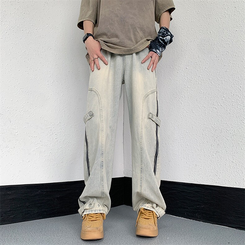 美式高街搭扣拉链牛仔裤水洗痞帅开叉裤313A-1-NZ034-P65控78,男装牛仔裤,星座808A-1