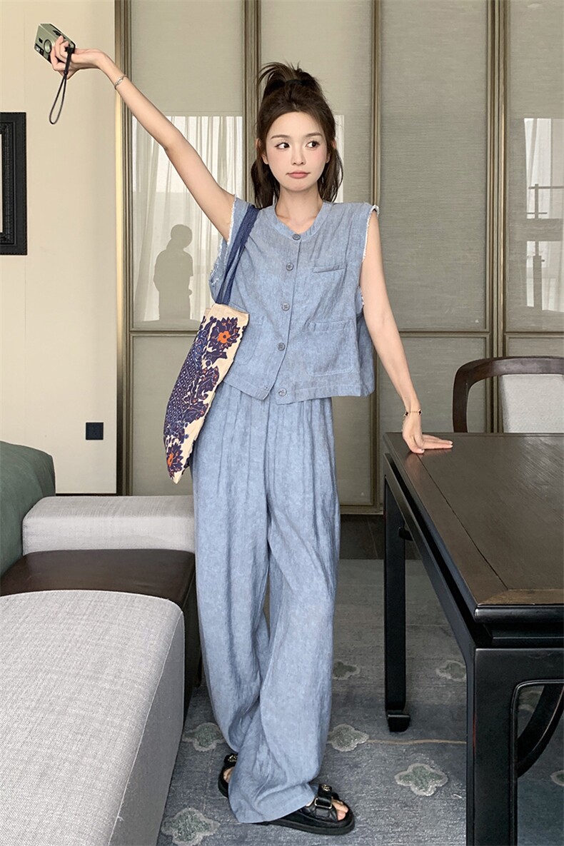 复古松弛感穿搭套装女夏季2025新款宽松无袖背心显瘦阔腿裤两件套,女装套装/套裙,2C159