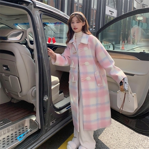 冬季女装女士格子夹棉毛呢长款外套图片