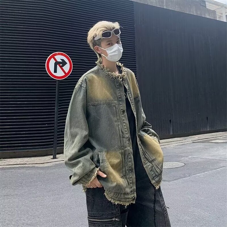 美式泥染做旧毛边牛仔外套男春秋季潮牌小众水洗宽松翻领夹克4221,男装夹克,星座506