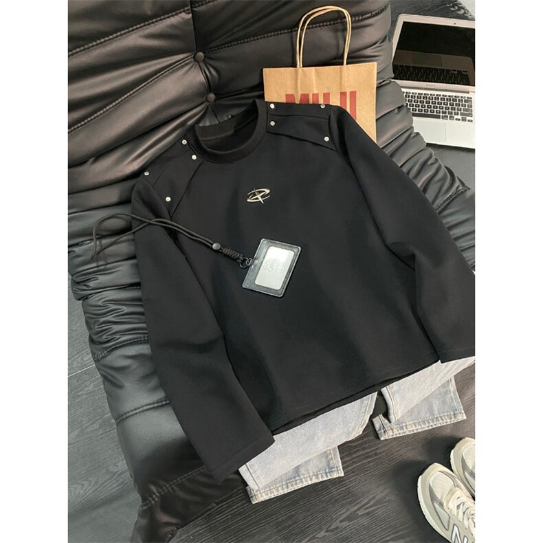 自家图高质量钉扣装饰长袖T恤黑色白色M到3XLXZ212-QWT320-P45，男装T恤，星座212