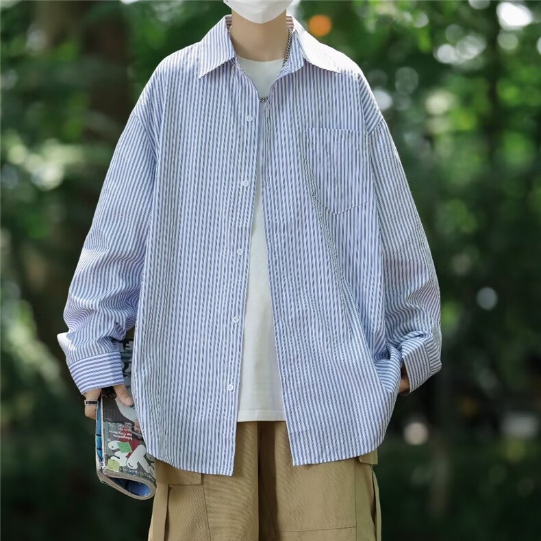 春季新款条纹长袖衬衫男韩版潮流学院风衬衣SC05 P30图片