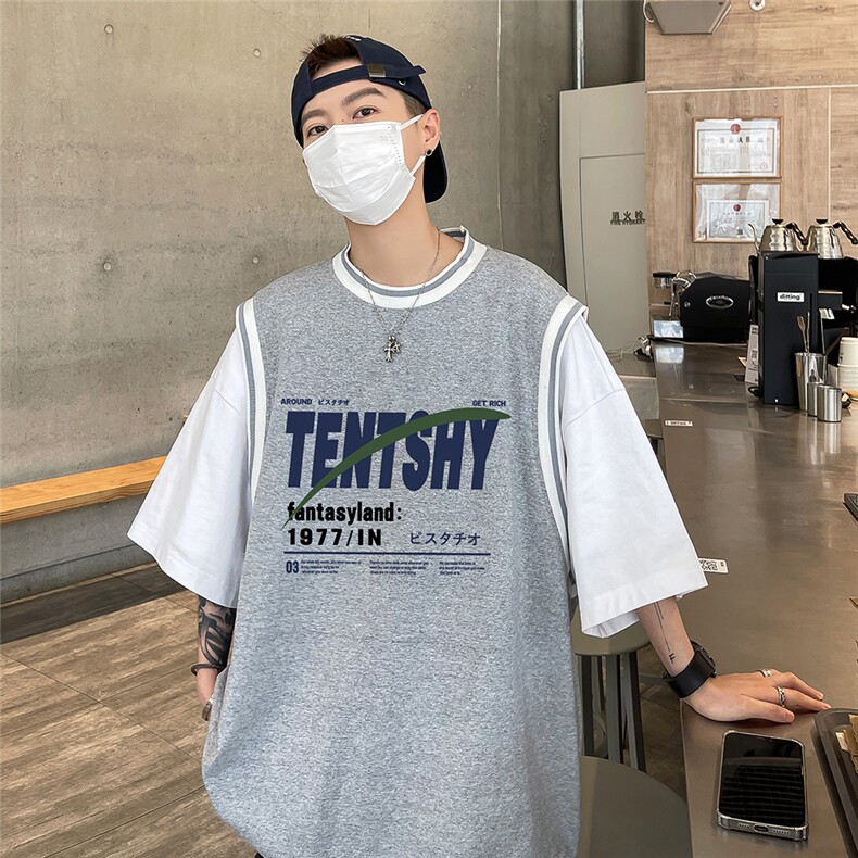 港风23新款夏季假两件字母印花百搭潮流100棉短袖T恤T6616P40控58,男装T恤,电商A268A