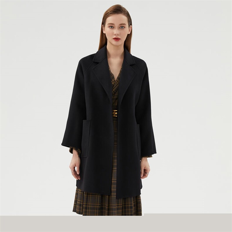 时尚百搭黑色双面呢大衣显瘦修身长款外套优雅气质女装，女装双面呢大衣，阿吉丽克