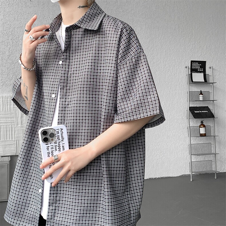 8XL-M短袖衬衫男夏宽松慵懒风痞帅条纹格子衫半袖外套DC28005P40图片