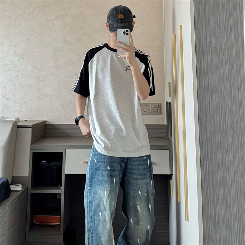 抖音得物品质二开240克宽松纯棉美式潮牌插肩三杠织带短袖T恤,男装T恤,电商A486