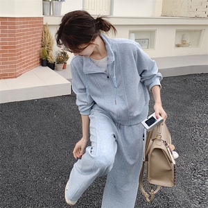 休闲运动灰色卫衣阔腿裤套装女春秋两件套开春韩系穿搭减龄高级感图片