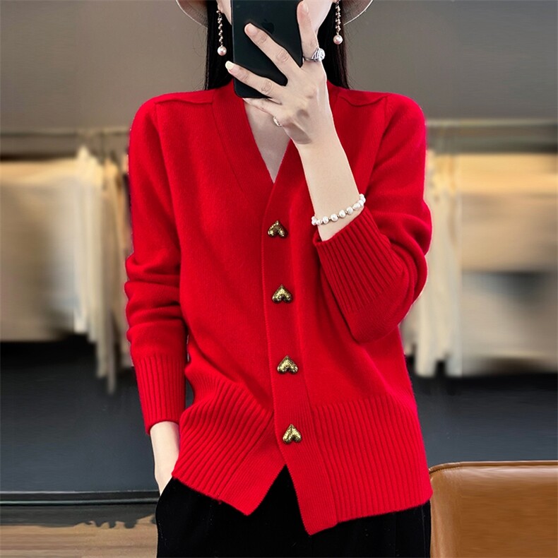 100%纯羊毛开衫女V领爱心扣子针织衫毛衣宽松纯色羊绒衫上衣外套,女装羊毛衫,隆格羊绒