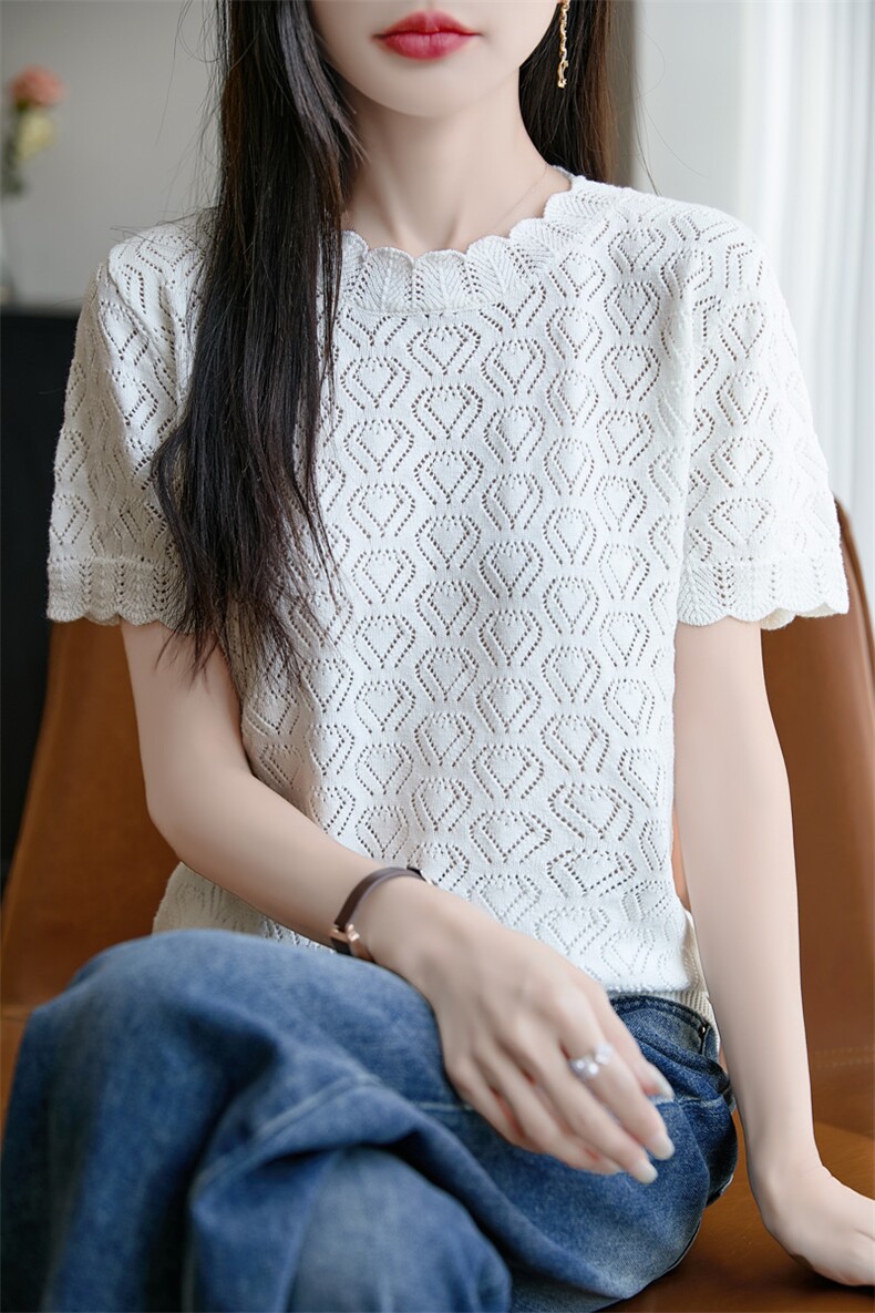 圆领镂空针织短袖T恤女2025夏新款纯棉显瘦百搭纯色打底衫上衣新,女装T恤,彩羽羊绒
