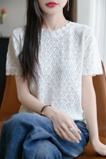 圆领镂空针织短袖T恤女2025夏新款纯棉显瘦百搭纯色打底衫上衣新，女装T恤，彩羽羊绒