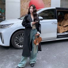 【现货】新款条纹拼接宽松休闲皮衣外套女长款风衣，女装皮衣，2C238