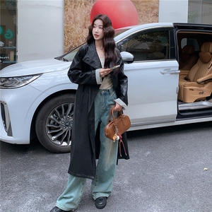 【现货】新款条纹拼接宽松休闲皮衣外套女长款风衣图片