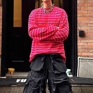 白鹿同款红色条纹字母贴标美拉德色圆领长袖T恤宽松休闲百搭上衣图片