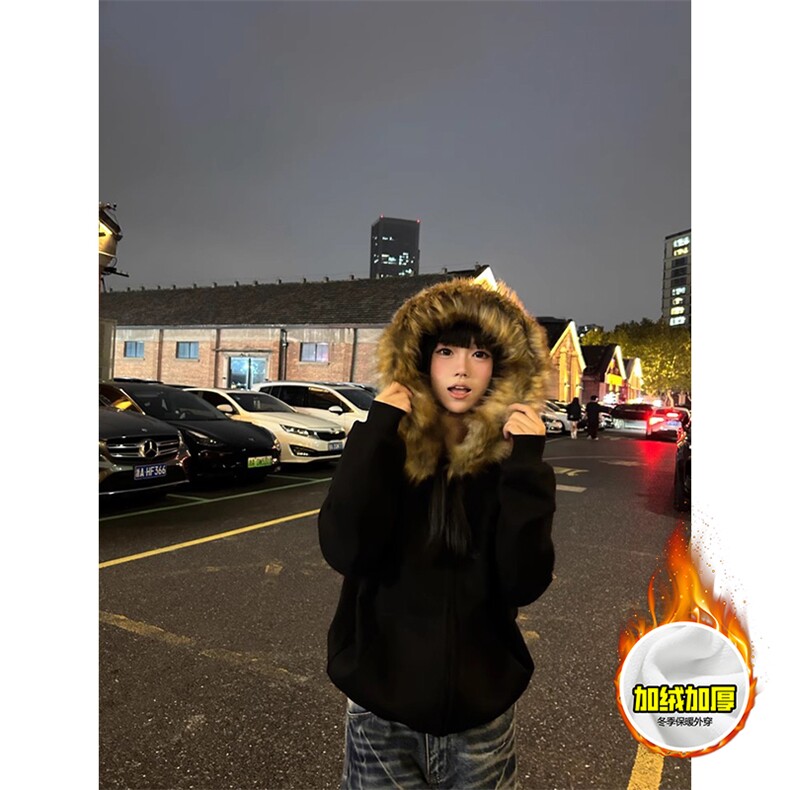 480G重磅加绒硬挺boxy秋冬美式高街超大毛领座山雕连帽卫衣厚外套，女装短外套，电商A486-1