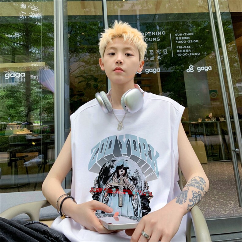 美式复古酒红色背心男款夏季欧美潮牌痞帅高街运动无袖T恤坎肩潮，男装T恤，电商B370