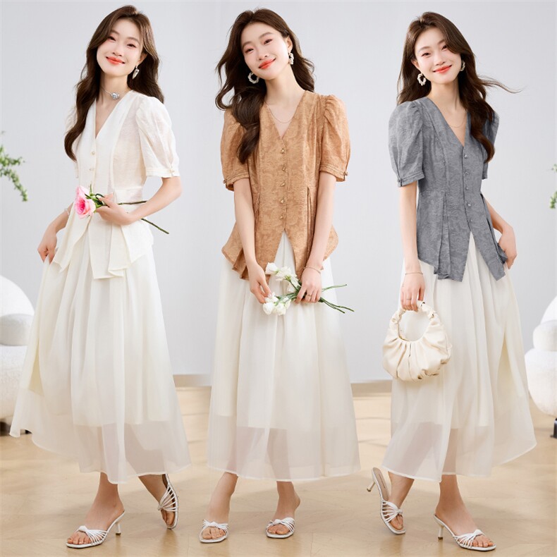 大码女装新高级感v领宽松短袖上衣黑色半身裙夏季显瘦两件套，女装套装/套裙，尚娜萱