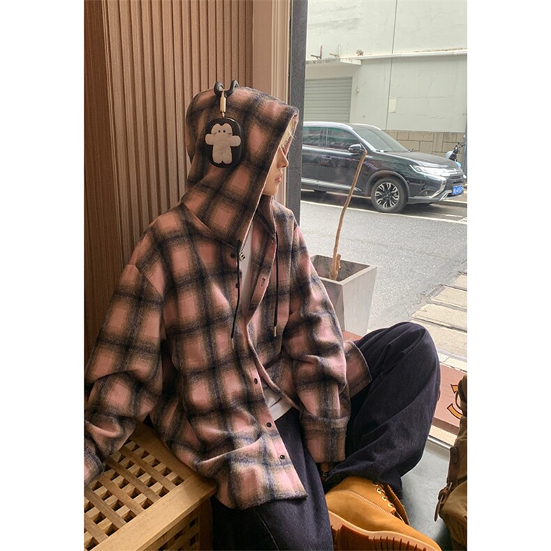 磨毛格子连帽上衣男春秋季青少年潮牌格纹长袖衬衫情侣款休闲外套,男装衬衫,电商D232