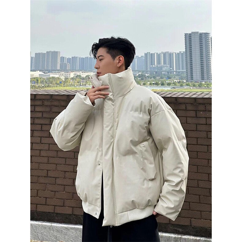 现货5W件冬季三防重磅硬挺boxy短款羽绒立领PU皮棉衣外套加厚棉服,男装棉衣,电商A486