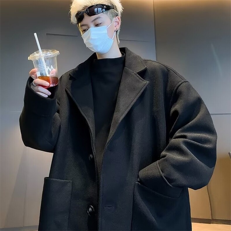 纯色中长款毛呢风衣男装百搭高级感休闲黑色呢子西装英伦外套1180,男装西服套装,星座506
