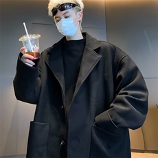 纯色中长款毛呢风衣男装百搭高级感休闲黑色呢子西装英伦外套1180，男装西服套装，星座506