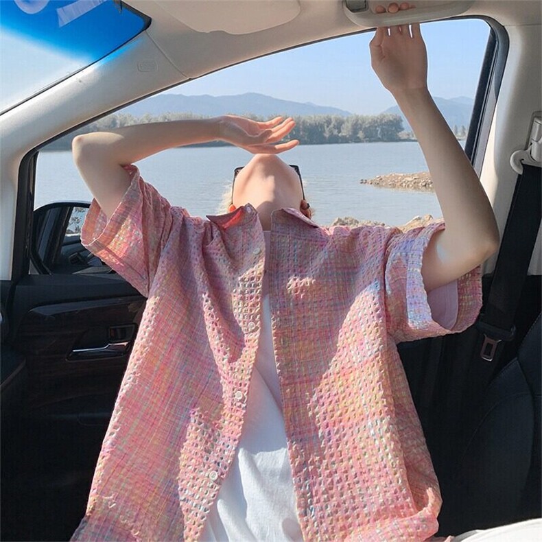 美式格纹泡泡纱短袖衬衫男夏季潮牌设计感宽松情侣款防晒衬衣外套,男装T恤,星座218-1（原230）